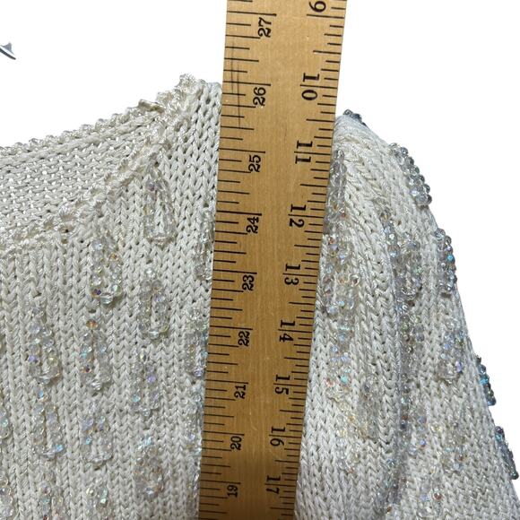 VTG 80s Glam Beaded Hand Knit Sweater Sz L Angora Wool Fringe Puff Sleeve Party - Picture 13 of 13